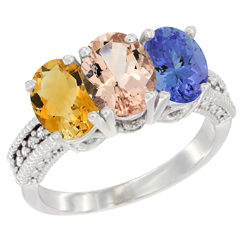 14K White Gold Natural Citrine, Morganite &amp; Tanzanite Ring 3-Stone 7x5 mm Oval Diamond Accent, sizes 5 - 10