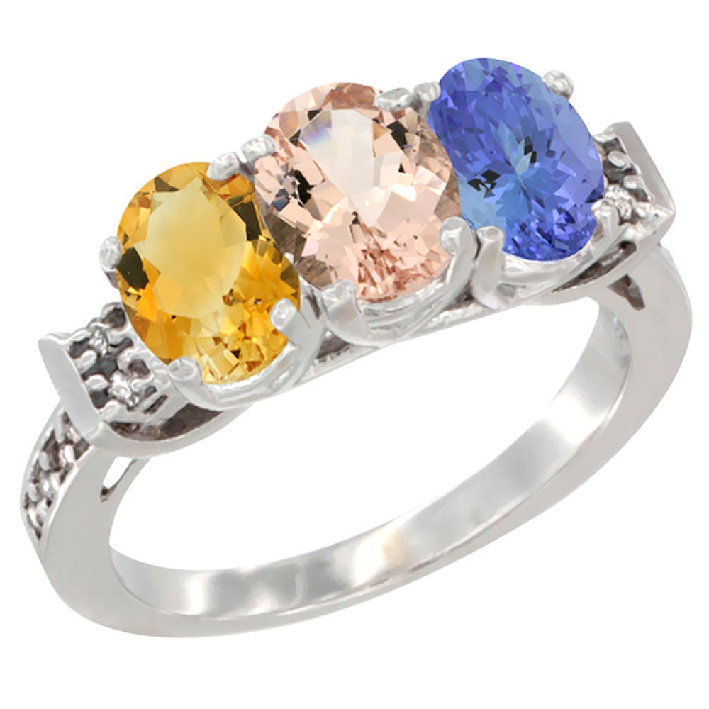 14K White Gold Natural Citrine, Morganite &amp; Tanzanite Ring 3-Stone 7x5 mm Oval Diamond Accent, sizes 5 - 10