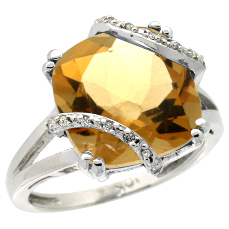 10k White Gold Natural Citrine Ring Cushion-cut 12x12mm Diamond Accent, sizes 5-10