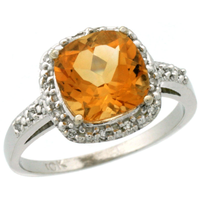 10K White Gold Diamond Natural Citrine Ring Cushion-cut 8x8 mm, sizes 5-10