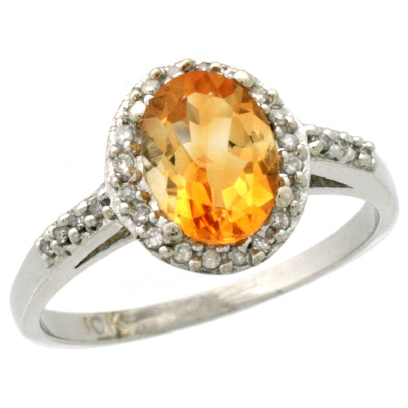 10K White Gold Diamond Natural Citrine Ring Oval 8x6mm, sizes 5-10