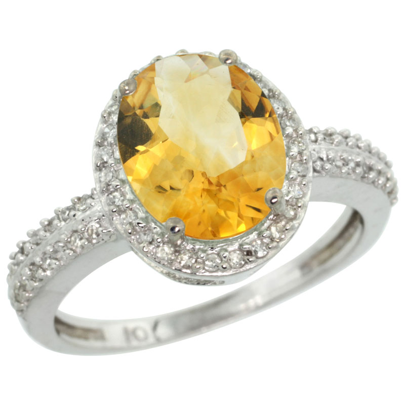 10K White Gold Diamond Natural Citrine Engagement Ring Oval 10x8mm, sizes 5-10