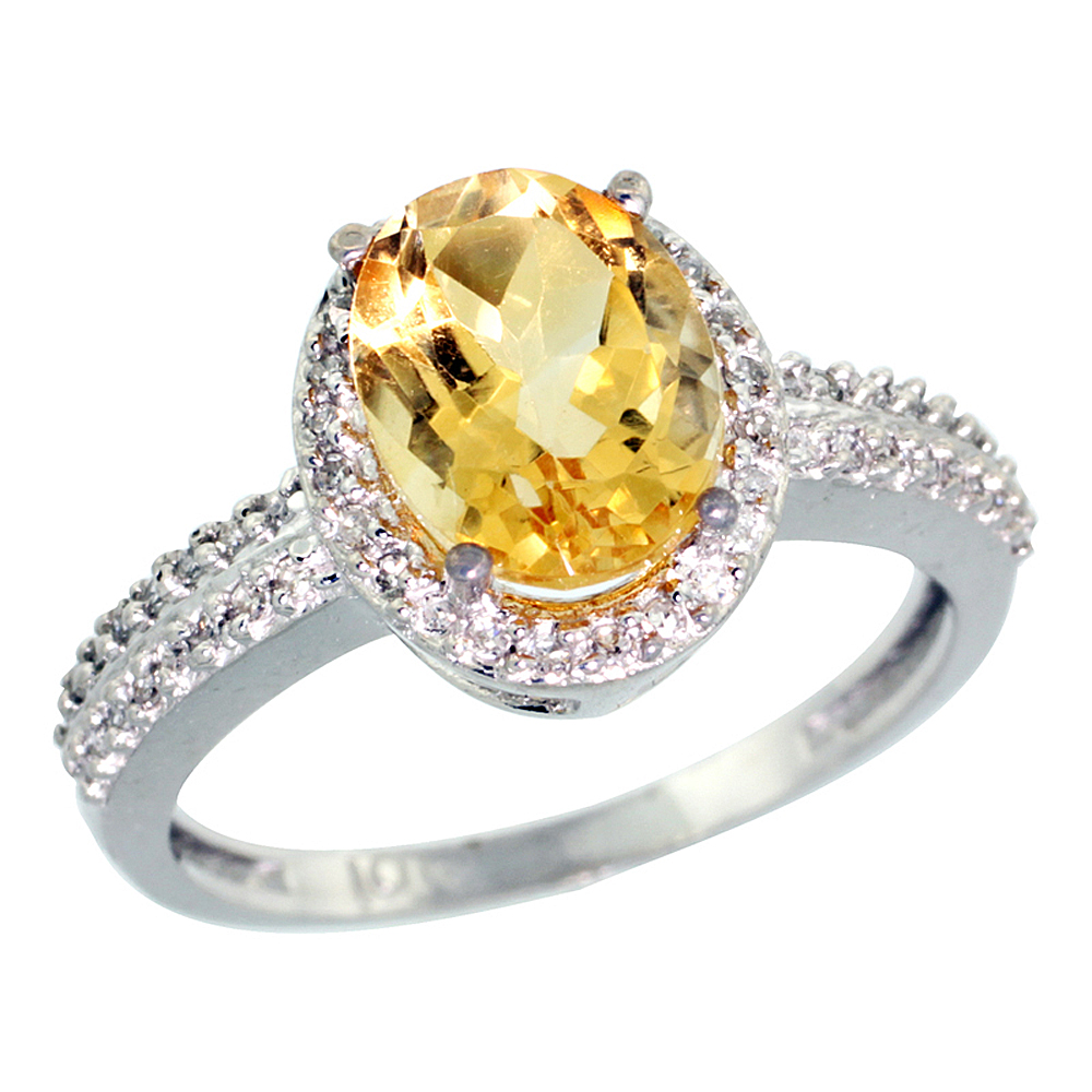 14K White Gold Diamond Natural Citrine Ring Oval 9x7mm, sizes 5-10