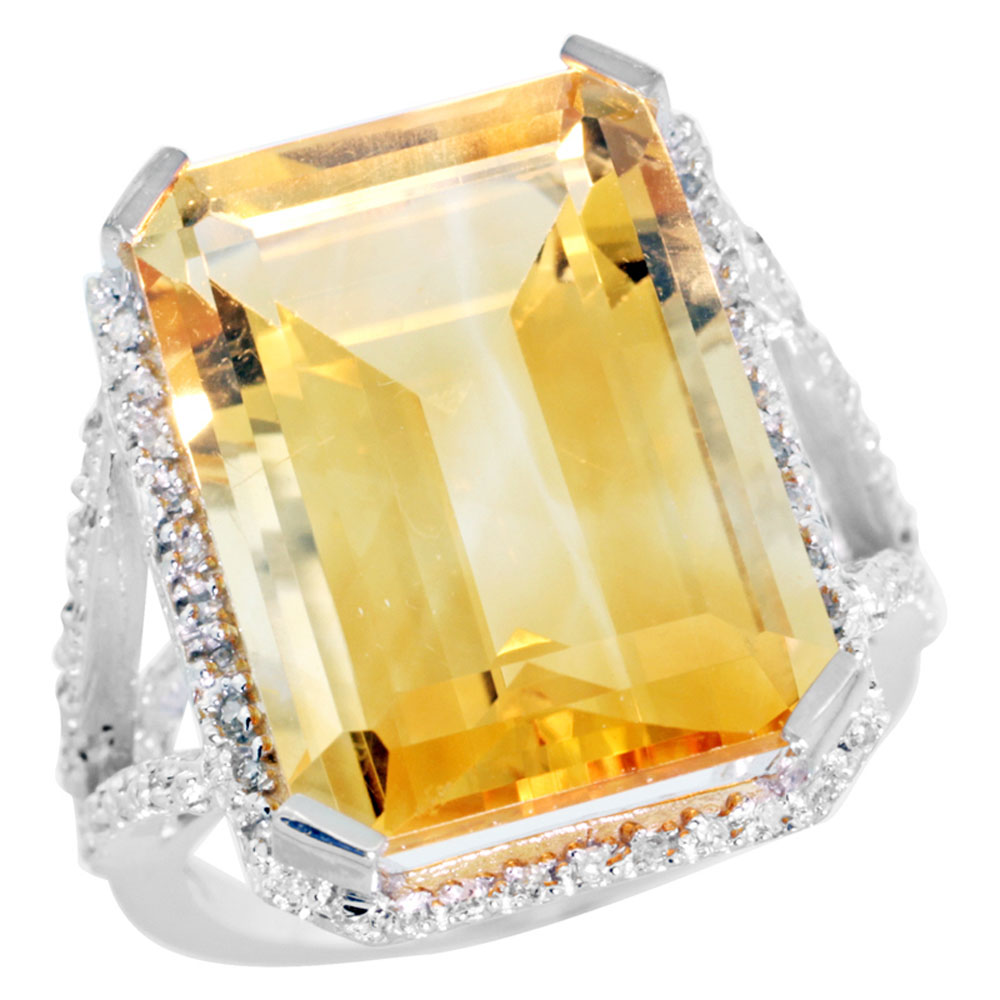 14K White Gold Diamond Natural Citrine Ring Emerald-cut 18x13mm, sizes 5-10