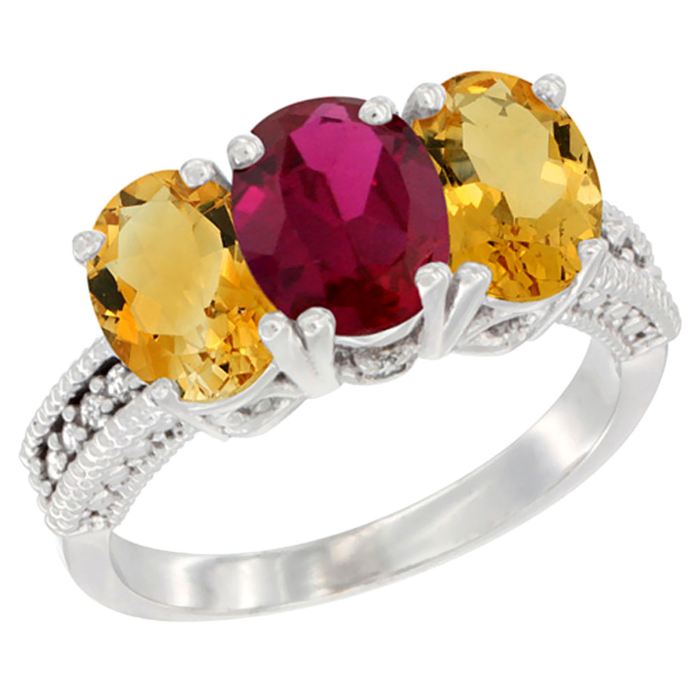 14K White Gold Natural Enhanced Ruby &amp; Natural Citrine Sides Ring 3-Stone 7x5 mm Oval Diamond Accent, sizes 5 - 10