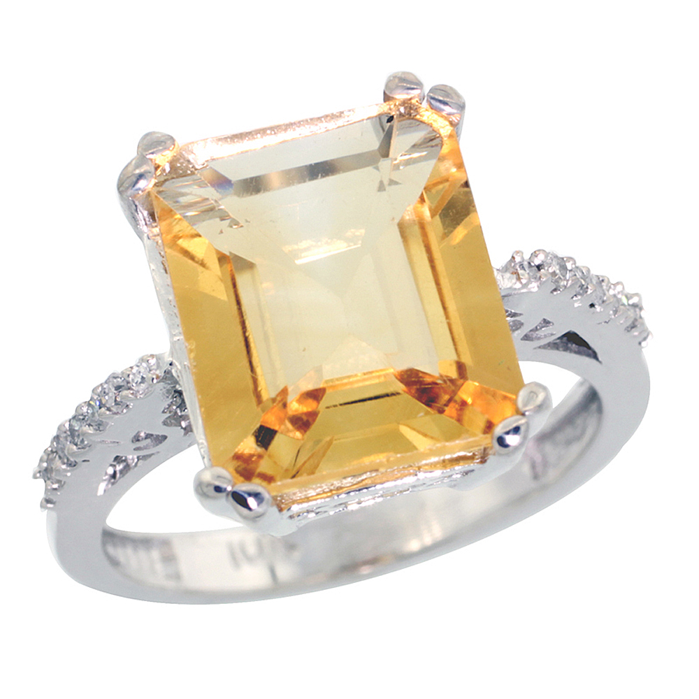 10K White Gold Diamond Natural Citrine Ring Emerald-cut 12x10mm, sizes 5-10