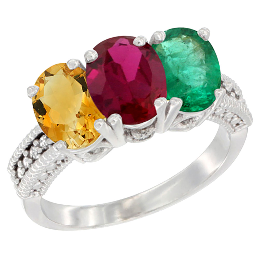 14K White Gold Natural Citrine, Enhanced Ruby & Natural Emerald Ring 3-Stone 7x5 mm Oval Diamond Accent, sizes 5 - 10