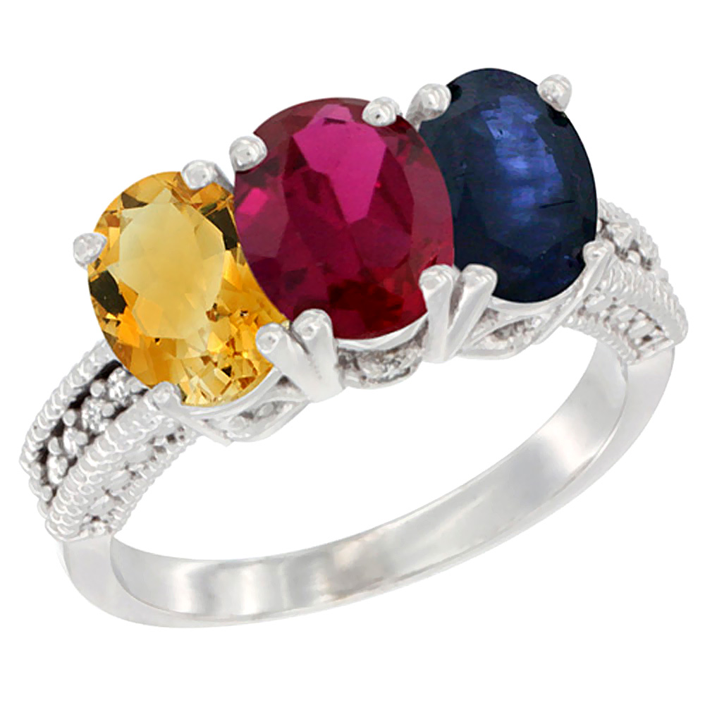 14K White Gold Natural Citrine, Enhanced Ruby & Natural Blue Sapphire Ring 3-Stone 7x5 mm Oval Diamond Accent, sizes 5 - 10