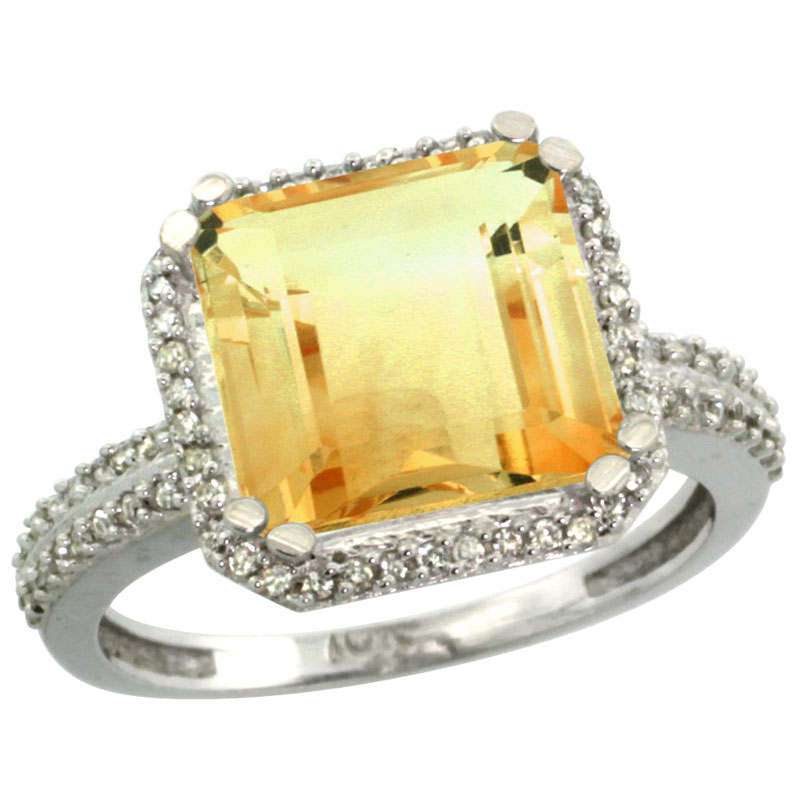 10k White Gold Natural Citrine Ring Cushion-cut 11x11mm Diamond Halo, sizes 5-10