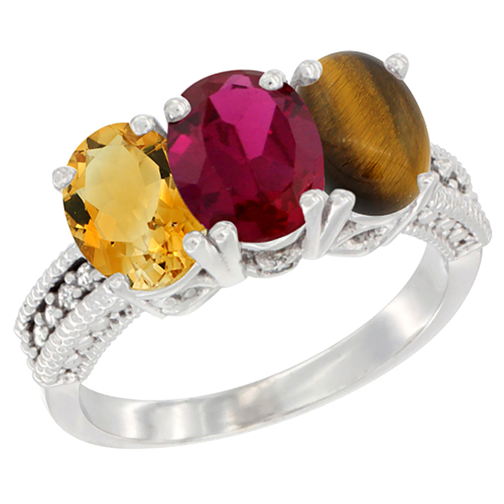 10K White Gold Natural Citrine, Enhanced Ruby & Natural Tiger Eye Ring 3-Stone Oval 7x5 mm Diamond Accent, sizes 5 - 10