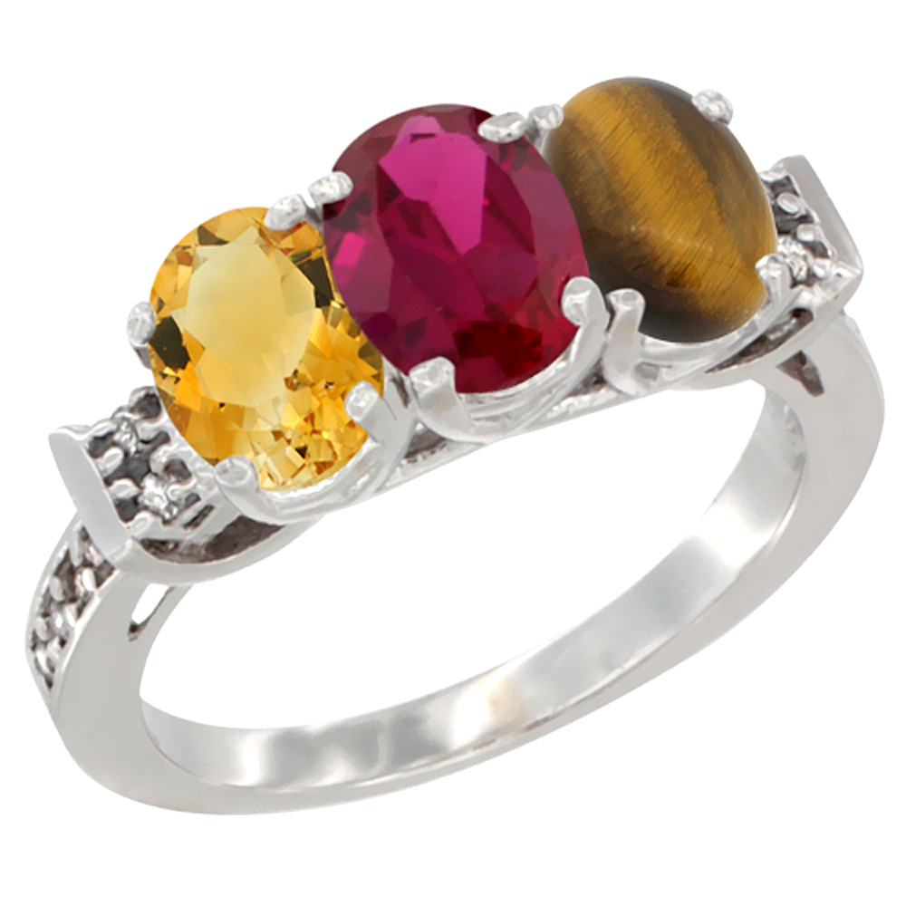 14K White Gold Natural Citrine, Enhanced Ruby &amp; Natural Tiger Eye Ring 3-Stone 7x5 mm Oval Diamond Accent, sizes 5 - 10