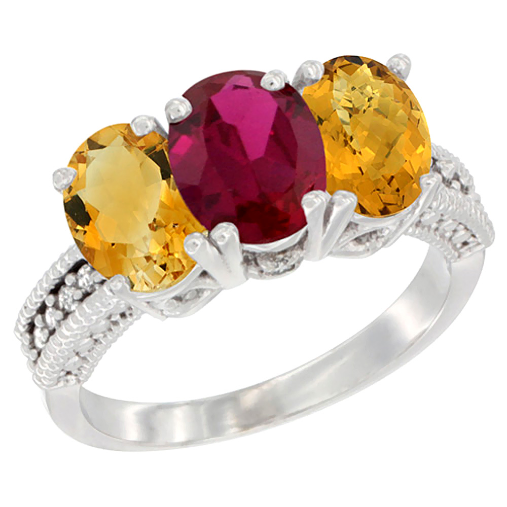10K White Gold Natural Citrine, Enhanced Ruby & Natural Whisky Quartz Ring 3-Stone Oval 7x5 mm Diamond Accent, sizes 5 - 10