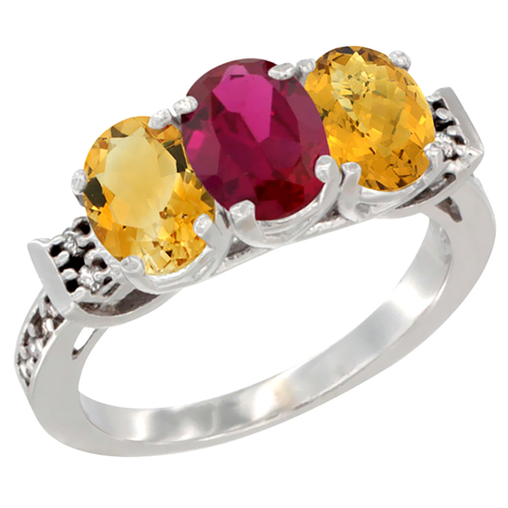 14K White Gold Natural Citrine, Enhanced Ruby & Natural Whisky Quartz Ring 3-Stone 7x5 mm Oval Diamond Accent, sizes 5 - 10