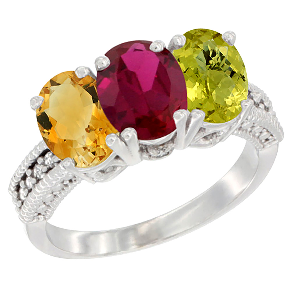 10K White Gold Natural Citrine, Enhanced Ruby & Natural Lemon Quartz Ring 3-Stone Oval 7x5 mm Diamond Accent, sizes 5 - 10