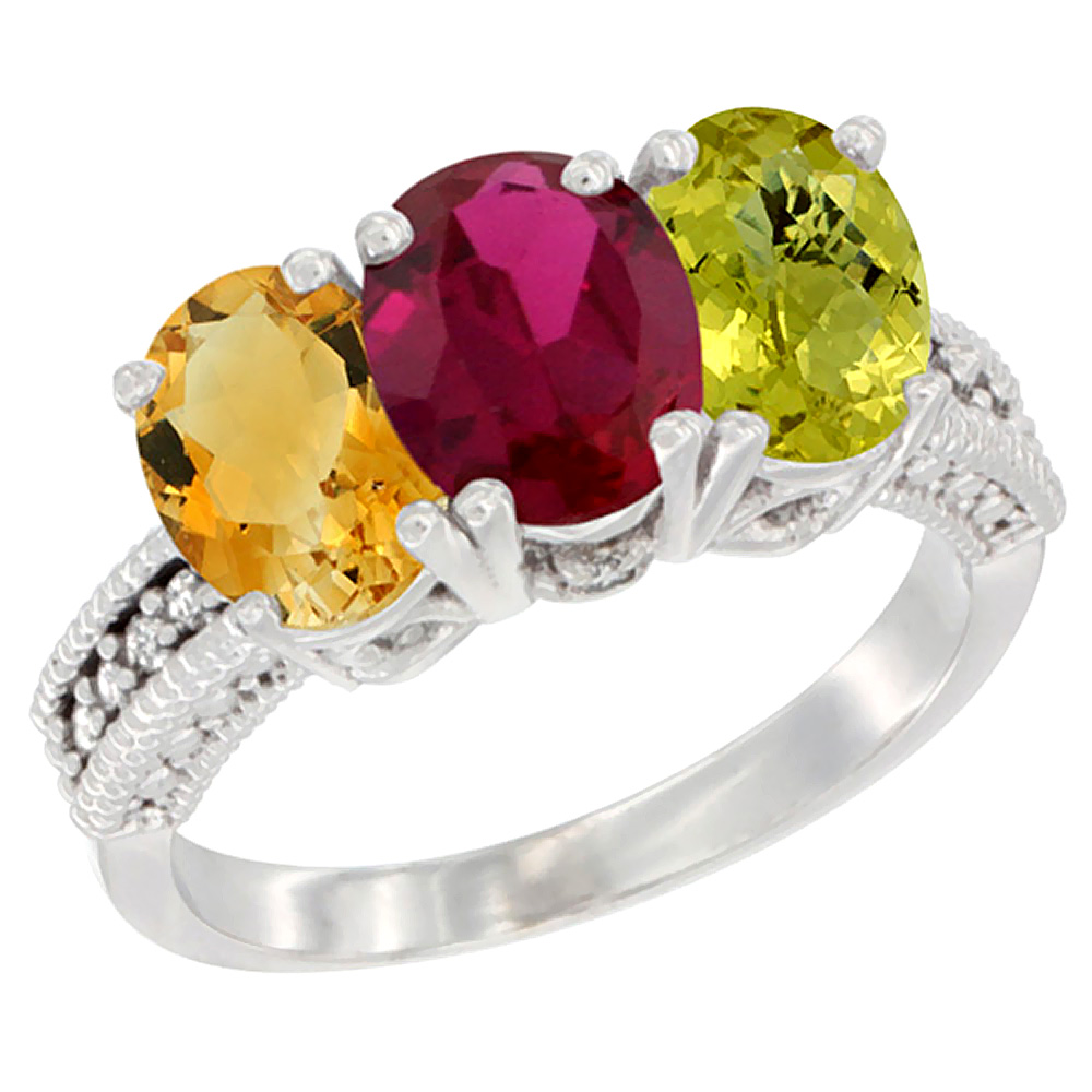 14K White Gold Natural Citrine, Enhanced Ruby & Natural Lemon Quartz Ring 3-Stone 7x5 mm Oval Diamond Accent, sizes 5 - 10