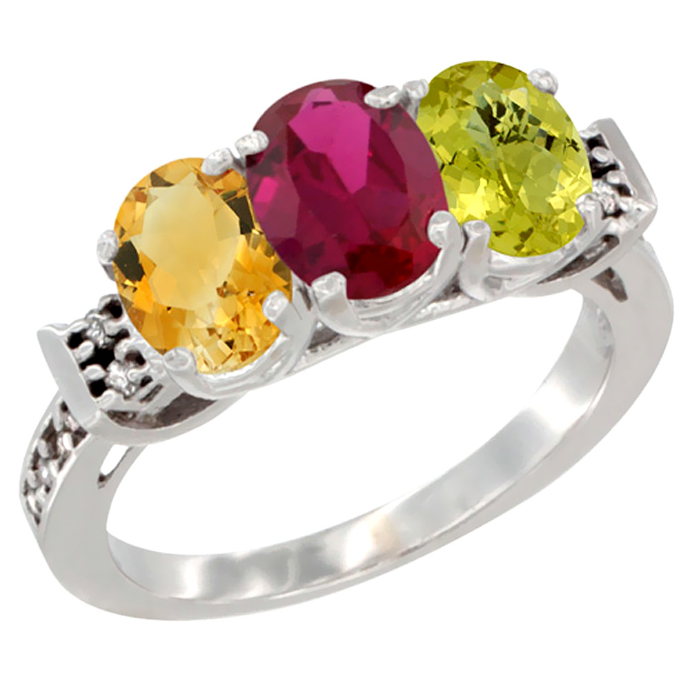10K White Gold Natural Citrine, Enhanced Ruby & Natural Lemon Quartz Ring 3-Stone Oval 7x5 mm Diamond Accent, sizes 5 - 10
