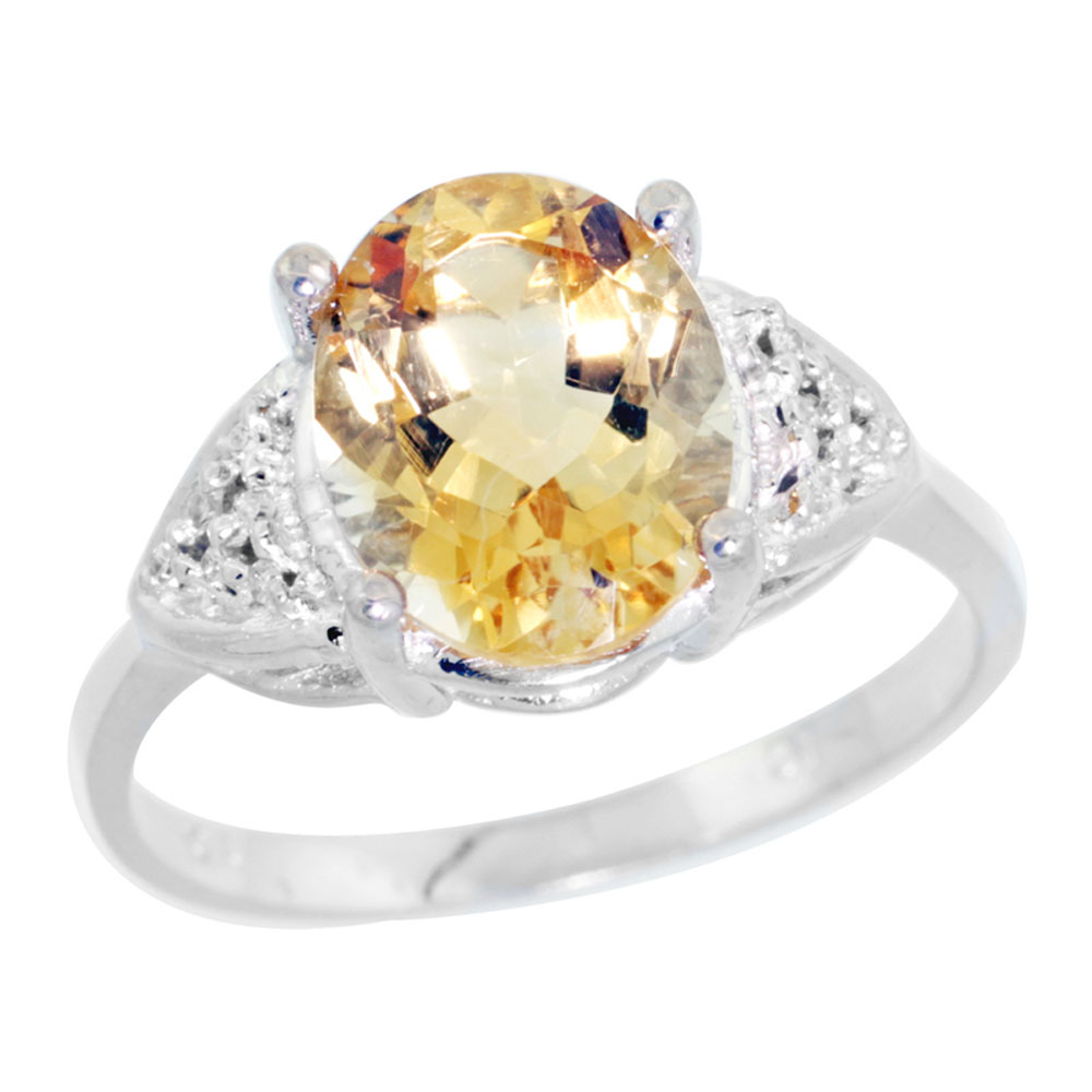 10K White Gold Diamond Natural Citrine Engagement Ring Oval 10x8mm, sizes 5-10