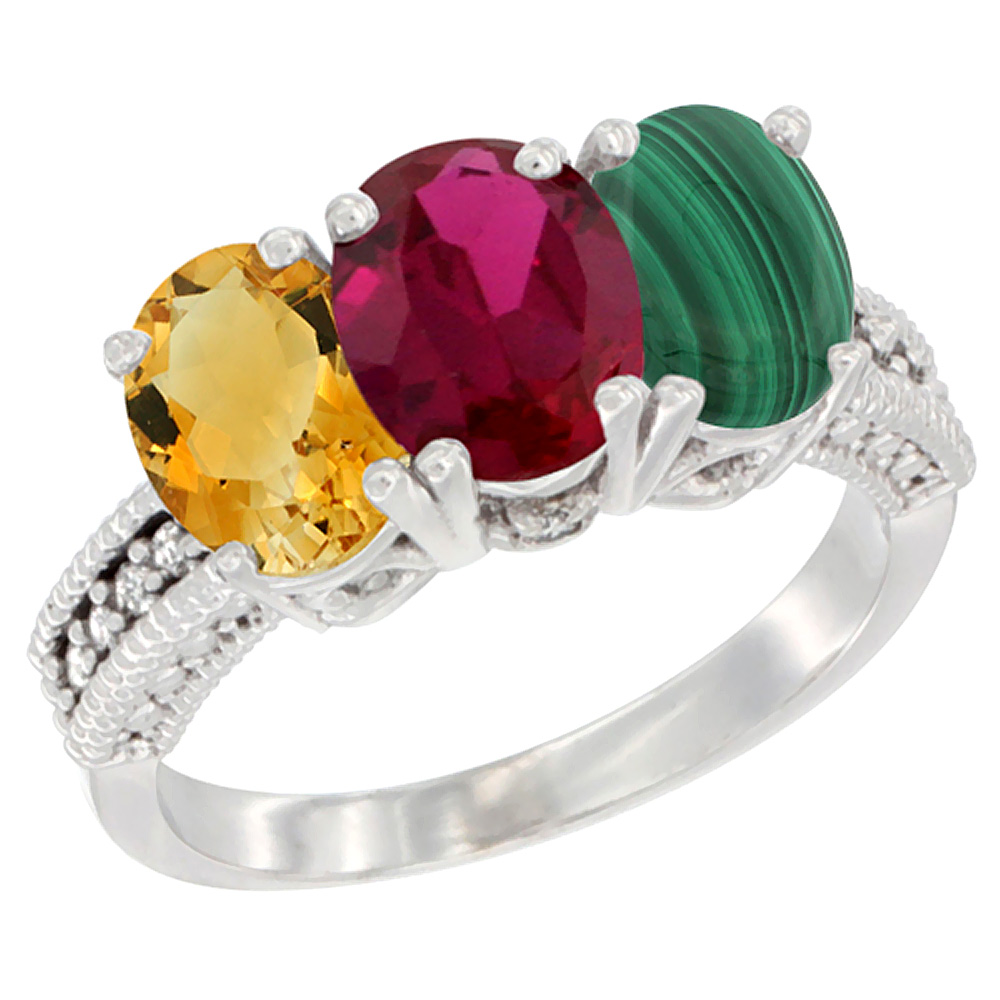 14K White Gold Natural Citrine, Enhanced Ruby & Natural Malachite Ring 3-Stone 7x5 mm Oval Diamond Accent, sizes 5 - 10