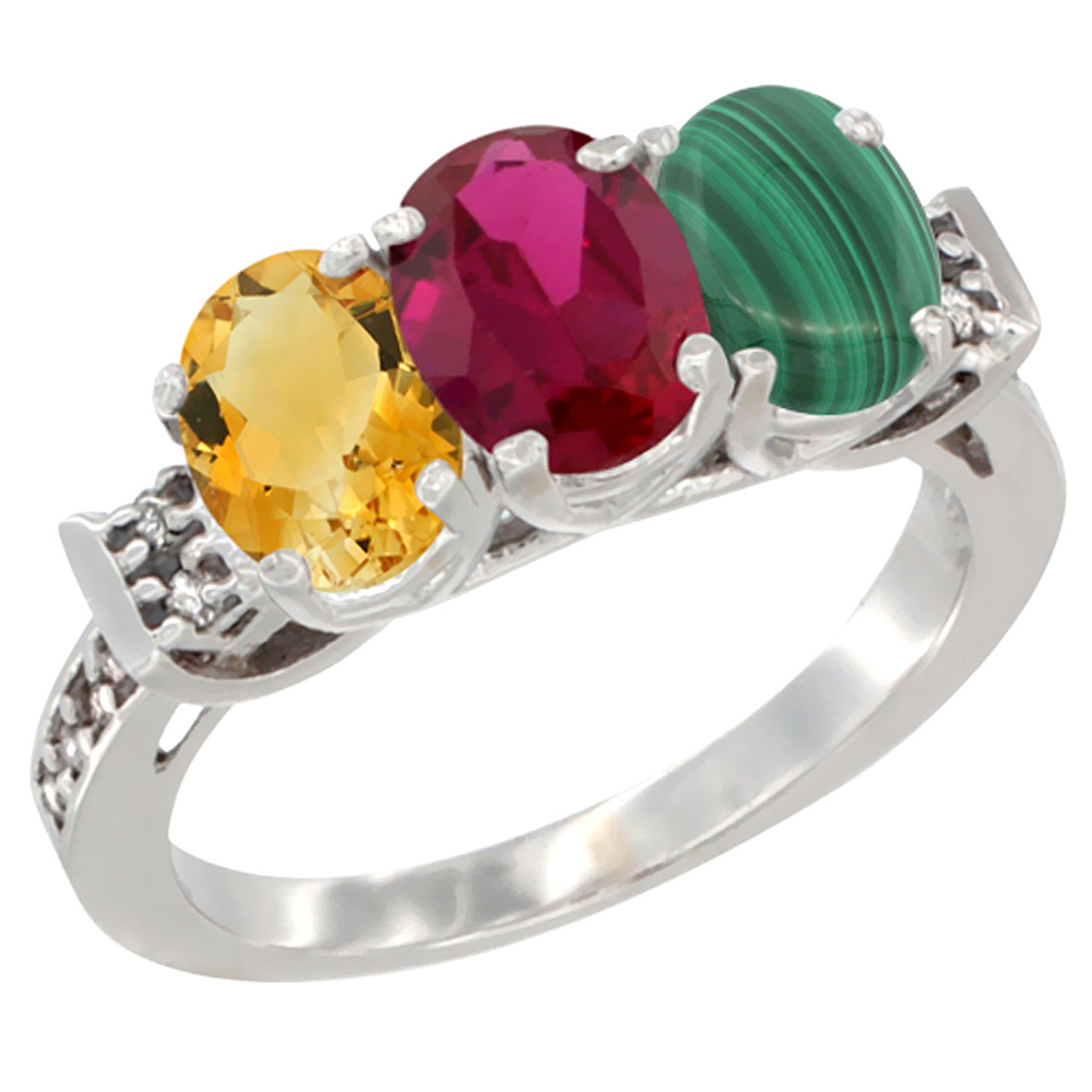 14K White Gold Natural Citrine, Enhanced Ruby & Natural Malachite Ring 3-Stone 7x5 mm Oval Diamond Accent, sizes 5 - 10