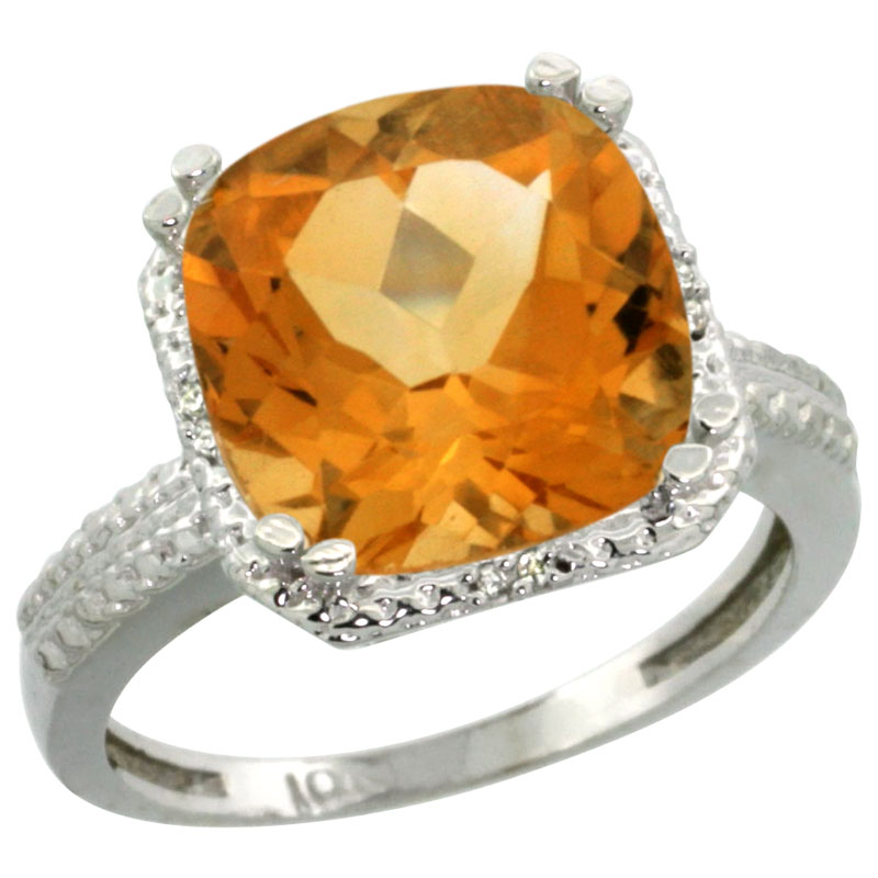 14K White Gold Diamond Natural Citrine Ring Cushion-cut 11x11mm, sizes 5-10