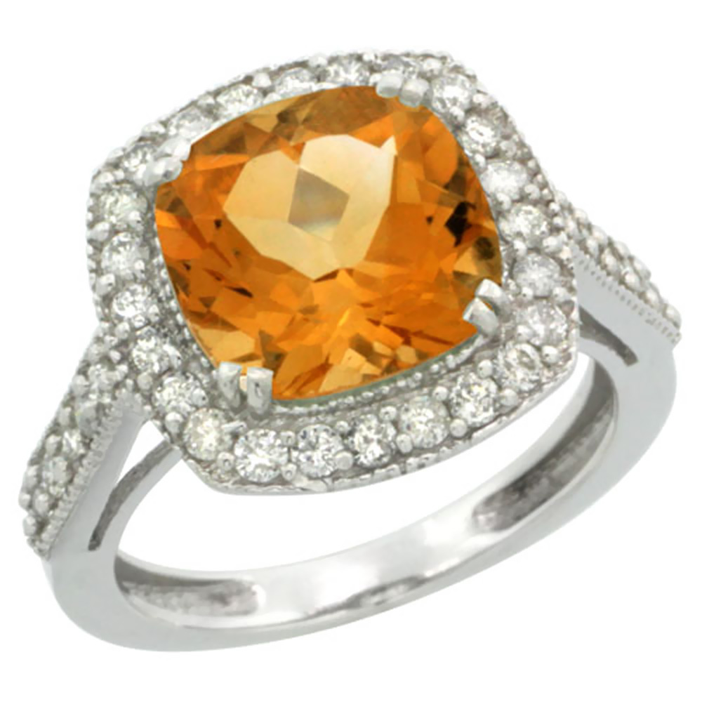 10k White Gold Natural Citrine Ring Cushion-cut 9x9mm Diamond Halo, sizes 5-10