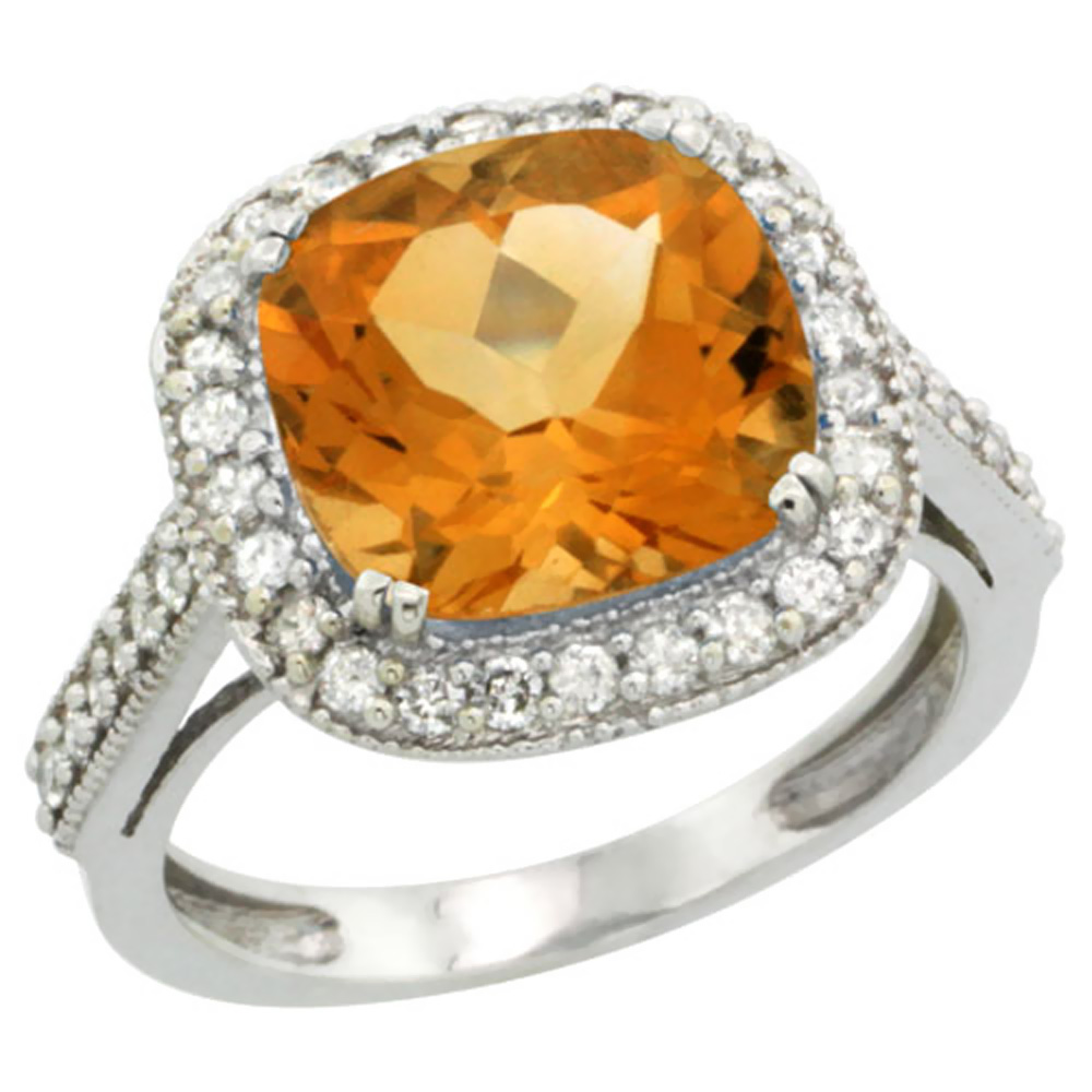 10k White Gold Natural Citrine Ring Cushion-cut 10x10mm Diamond Halo, sizes 5-10