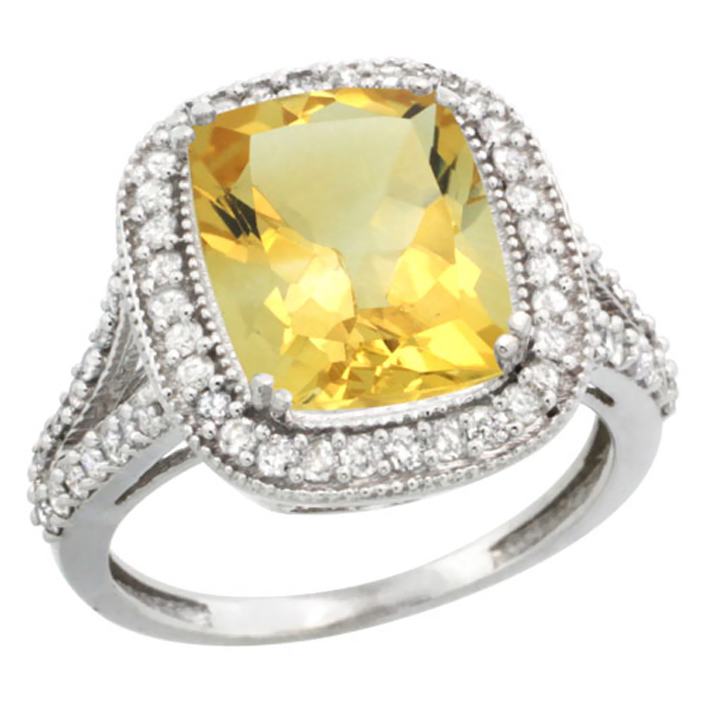 14K White Gold Natural Citrine Ring Cushion-cut 12x10mm Diamond Halo, sizes 5-10