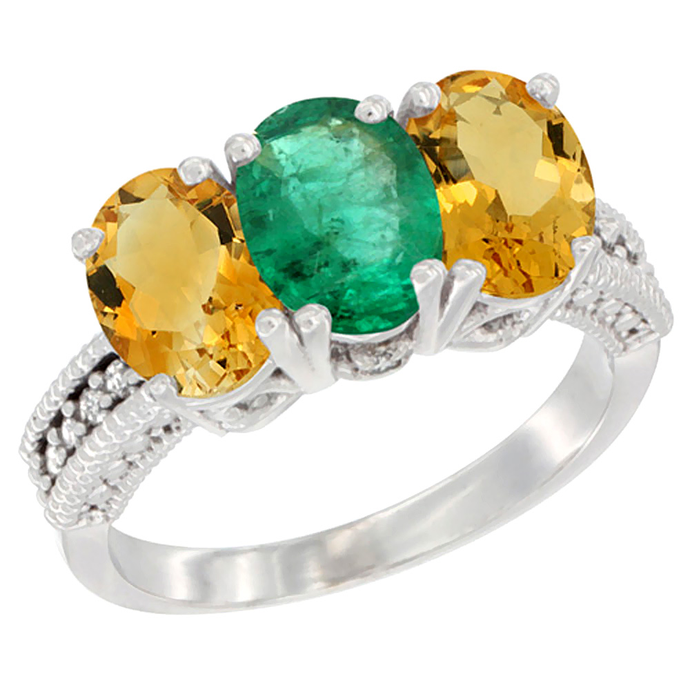 10K White Gold Natural Emerald & Citrine Sides Ring 3-Stone Oval 7x5 mm Diamond Accent, sizes 5 - 10