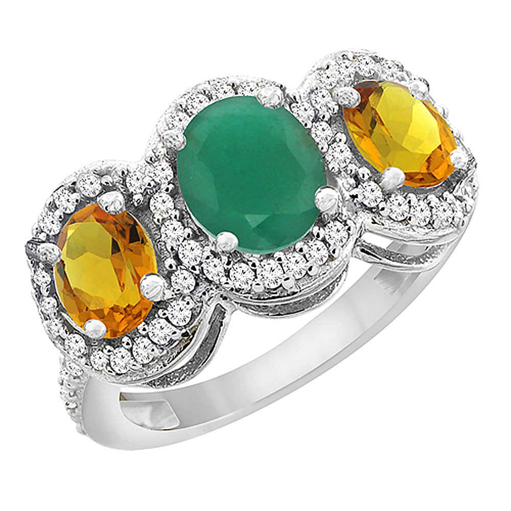 14K White Gold Natural Cabochon Emerald & Citrine 3-Stone Ring Oval Diamond Accent, sizes 5 - 10