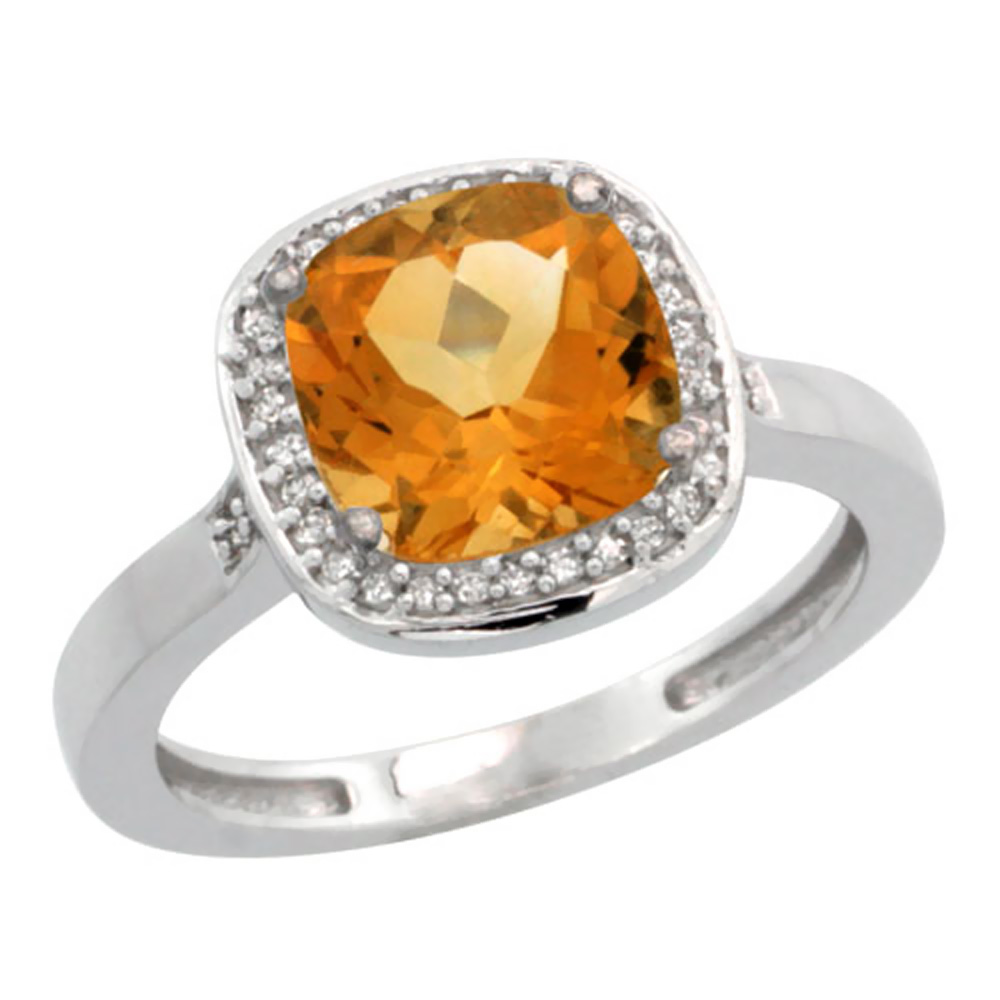 10K White Gold Diamond Natural Citrine Ring Cushion-cut 8x8mm, sizes 5-10