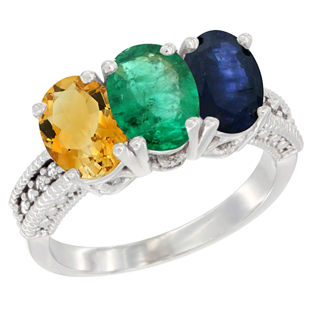 10K White Gold Natural Citrine, Emerald & Blue Sapphire Ring 3-Stone Oval 7x5 mm Diamond Accent, sizes 5 - 10