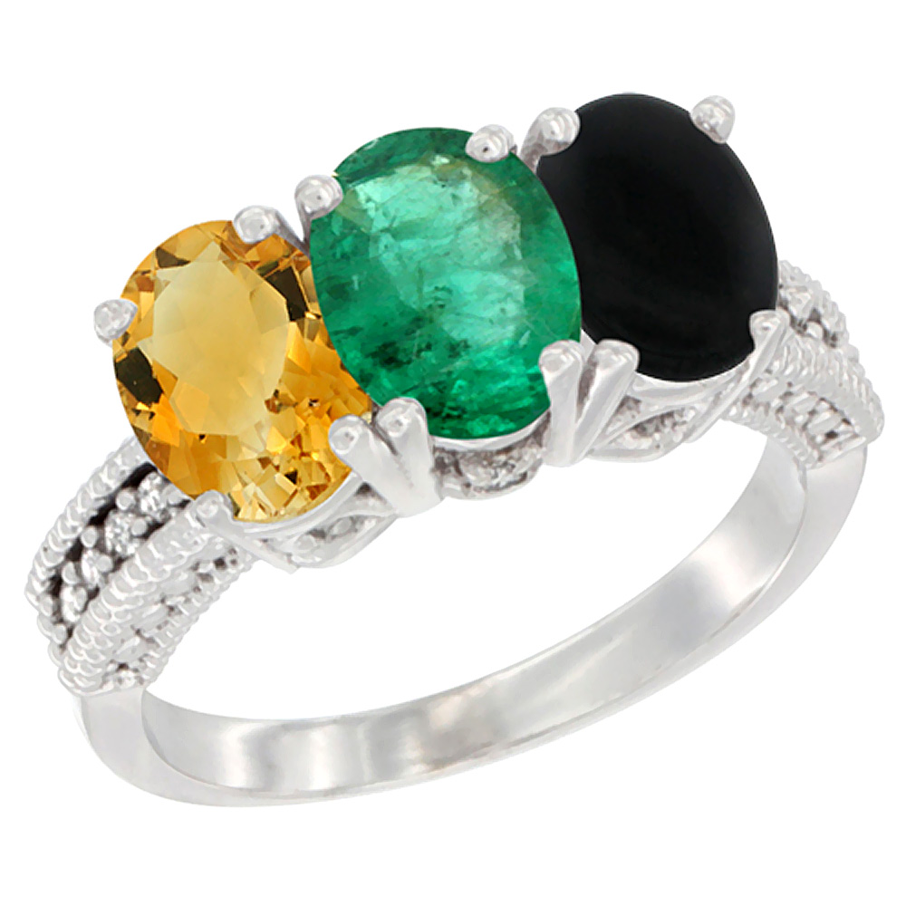 14K White Gold Natural Citrine, Emerald & Black Onyx Ring 3-Stone 7x5 mm Oval Diamond Accent, sizes 5 - 10