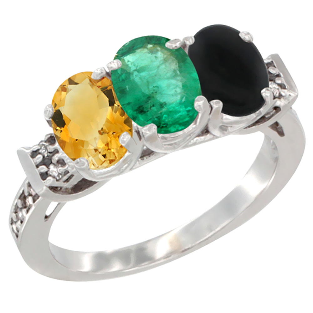 14K White Gold Natural Citrine, Emerald & Black Onyx Ring 3-Stone 7x5 mm Oval Diamond Accent, sizes 5 - 10