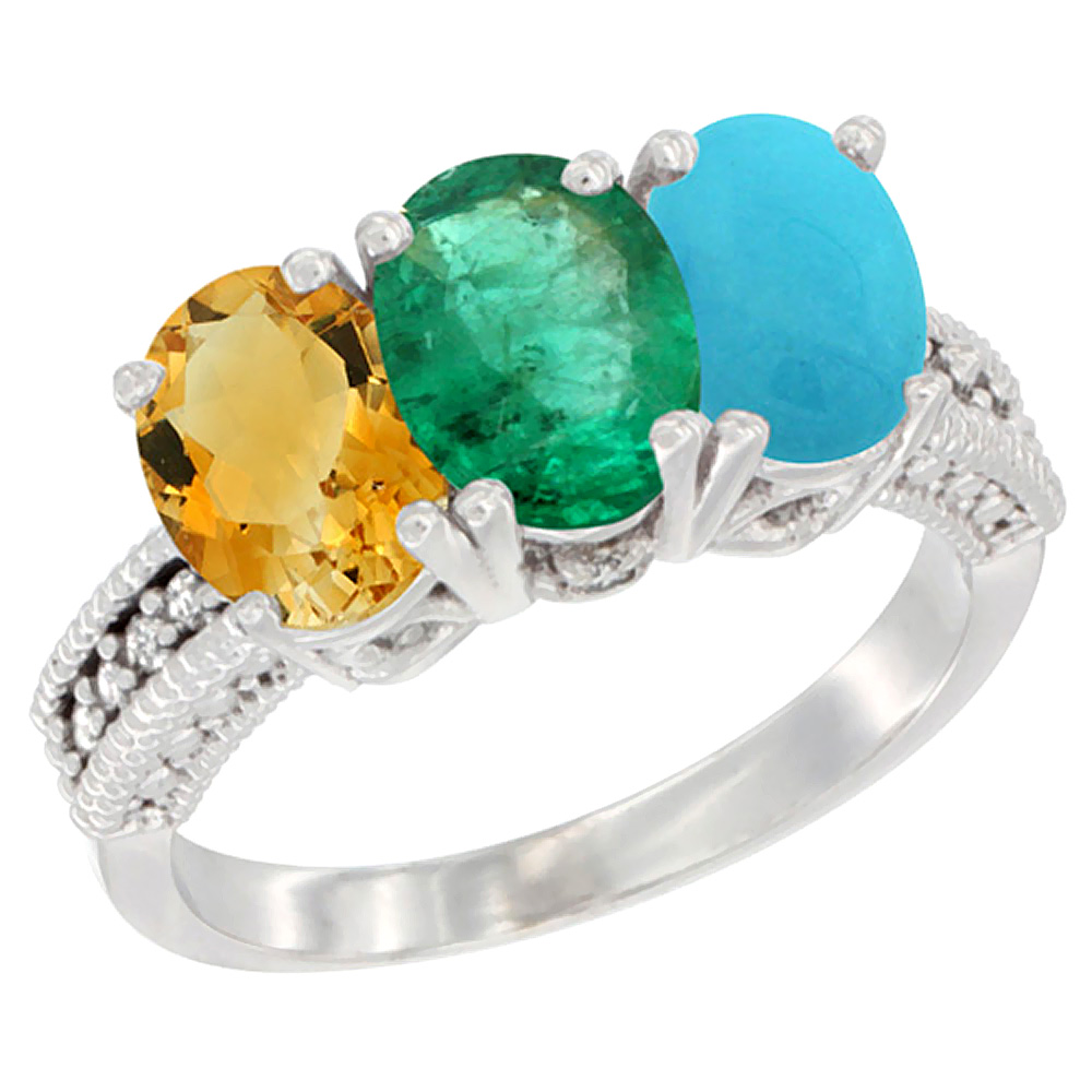 14K White Gold Natural Citrine, Emerald & Turquoise Ring 3-Stone 7x5 mm Oval Diamond Accent, sizes 5 - 10