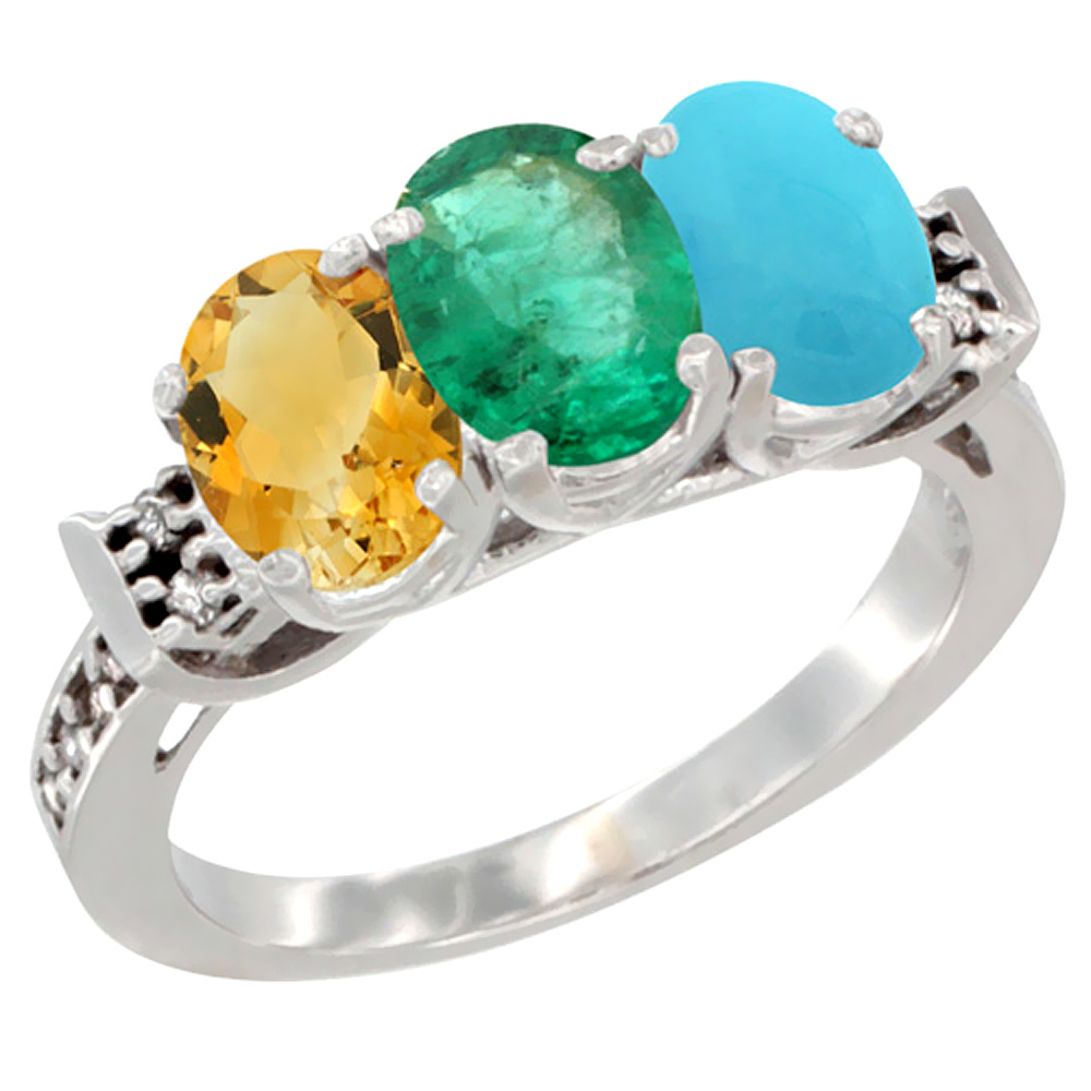 10K White Gold Natural Citrine, Emerald &amp; Turquoise Ring 3-Stone Oval 7x5 mm Diamond Accent, sizes 5 - 10