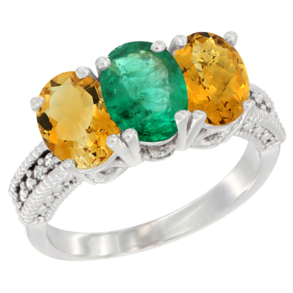 14K White Gold Natural Citrine, Emerald & Whisky Quartz Ring 3-Stone 7x5 mm Oval Diamond Accent, sizes 5 - 10