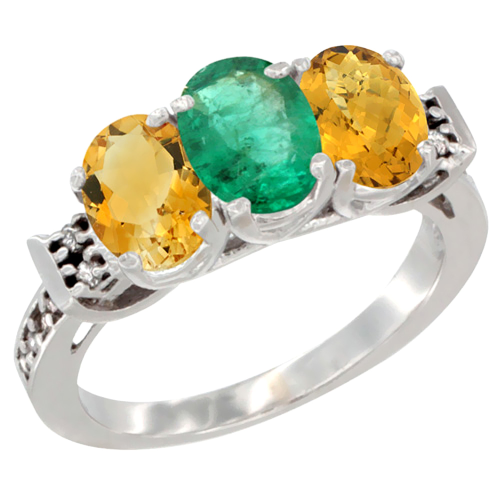 14K White Gold Natural Citrine, Emerald & Whisky Quartz Ring 3-Stone 7x5 mm Oval Diamond Accent, sizes 5 - 10