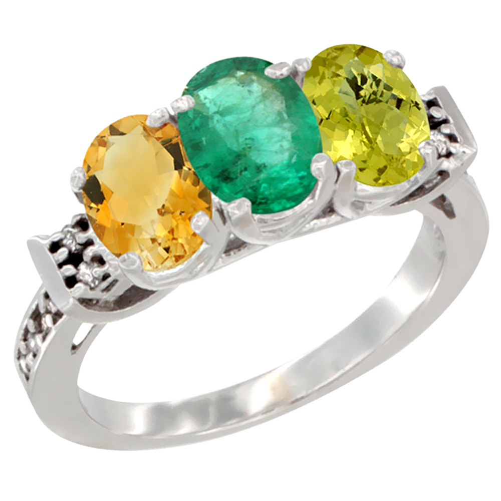 10K White Gold Natural Citrine, Emerald & Lemon Quartz Ring 3-Stone Oval 7x5 mm Diamond Accent, sizes 5 - 10