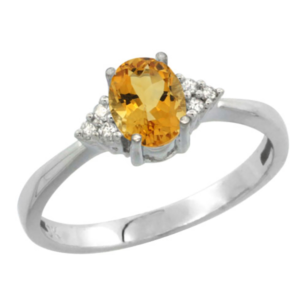 14K White Gold Diamond Natural Citrine Engagement Ring Oval 7x5mm, sizes 5-10