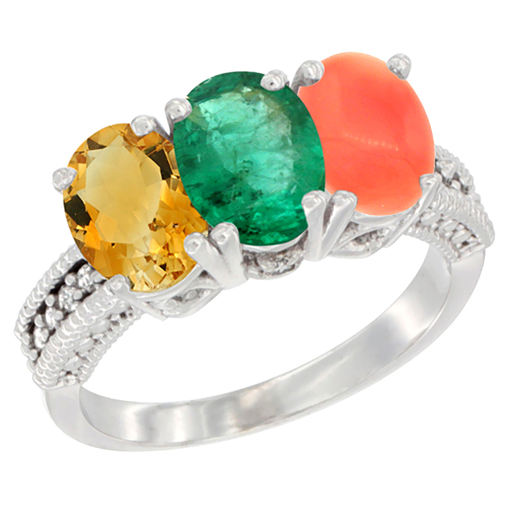 10K White Gold Natural Citrine, Emerald & Coral Ring 3-Stone Oval 7x5 mm Diamond Accent, sizes 5 - 10