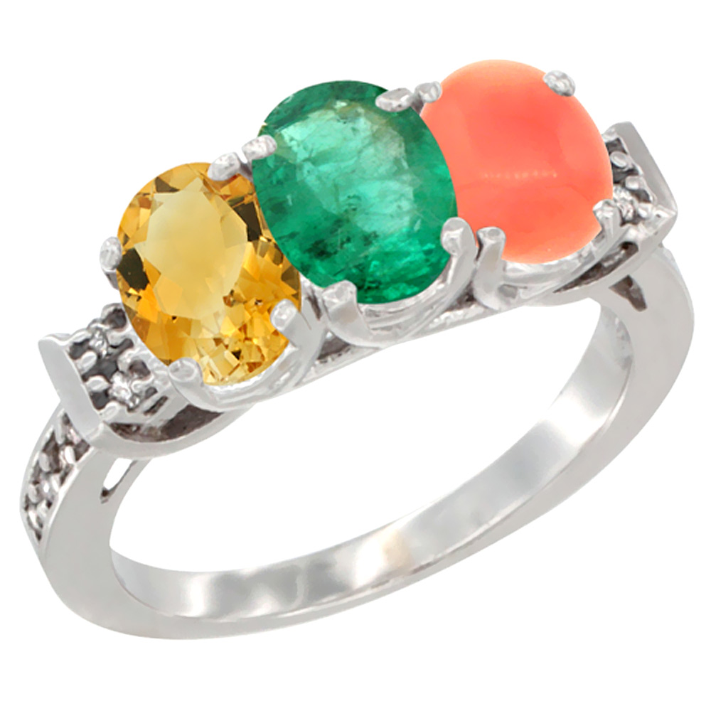 14K White Gold Natural Citrine, Emerald &amp; Coral Ring 3-Stone 7x5 mm Oval Diamond Accent, sizes 5 - 10