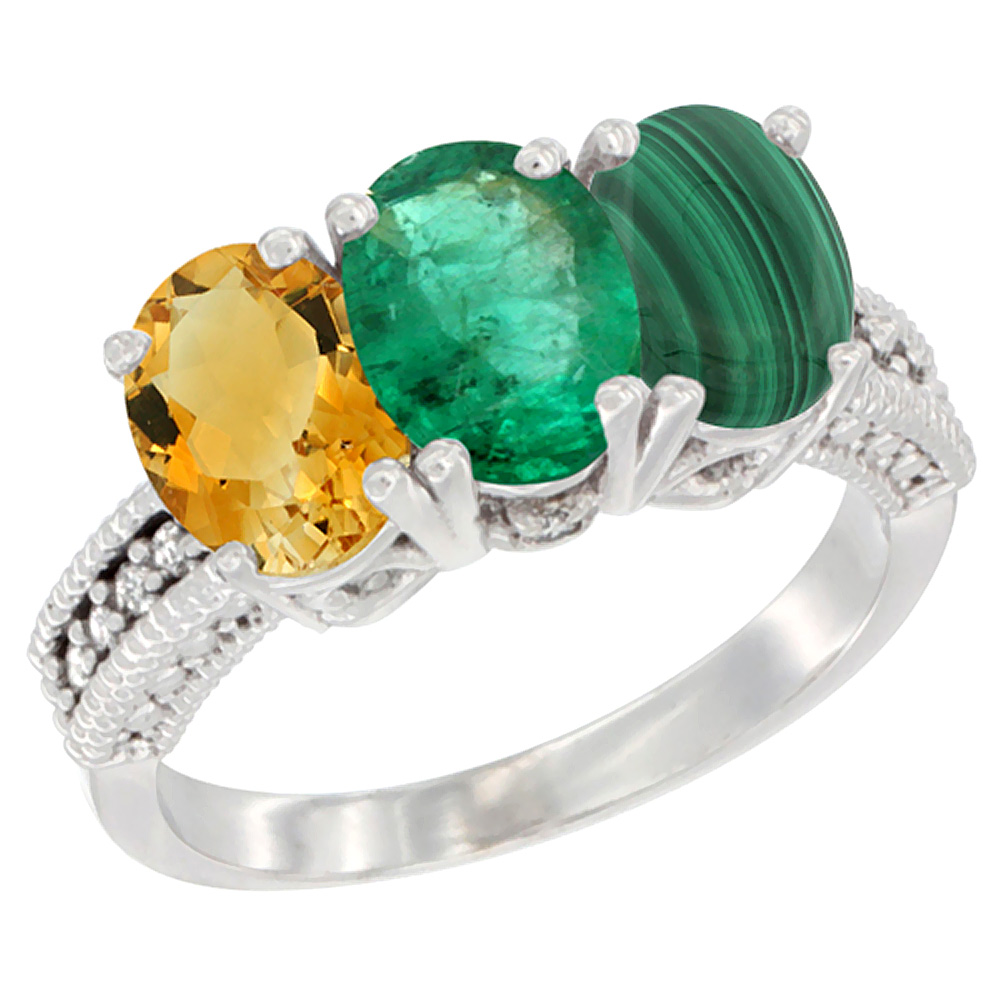 14K White Gold Natural Citrine, Emerald &amp; Malachite Ring 3-Stone 7x5 mm Oval Diamond Accent, sizes 5 - 10