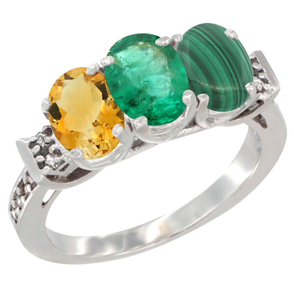 14K White Gold Natural Citrine, Emerald &amp; Malachite Ring 3-Stone 7x5 mm Oval Diamond Accent, sizes 5 - 10