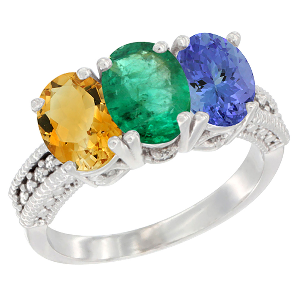 14K White Gold Natural Citrine, Emerald & Tanzanite Ring 3-Stone 7x5 mm Oval Diamond Accent, sizes 5 - 10