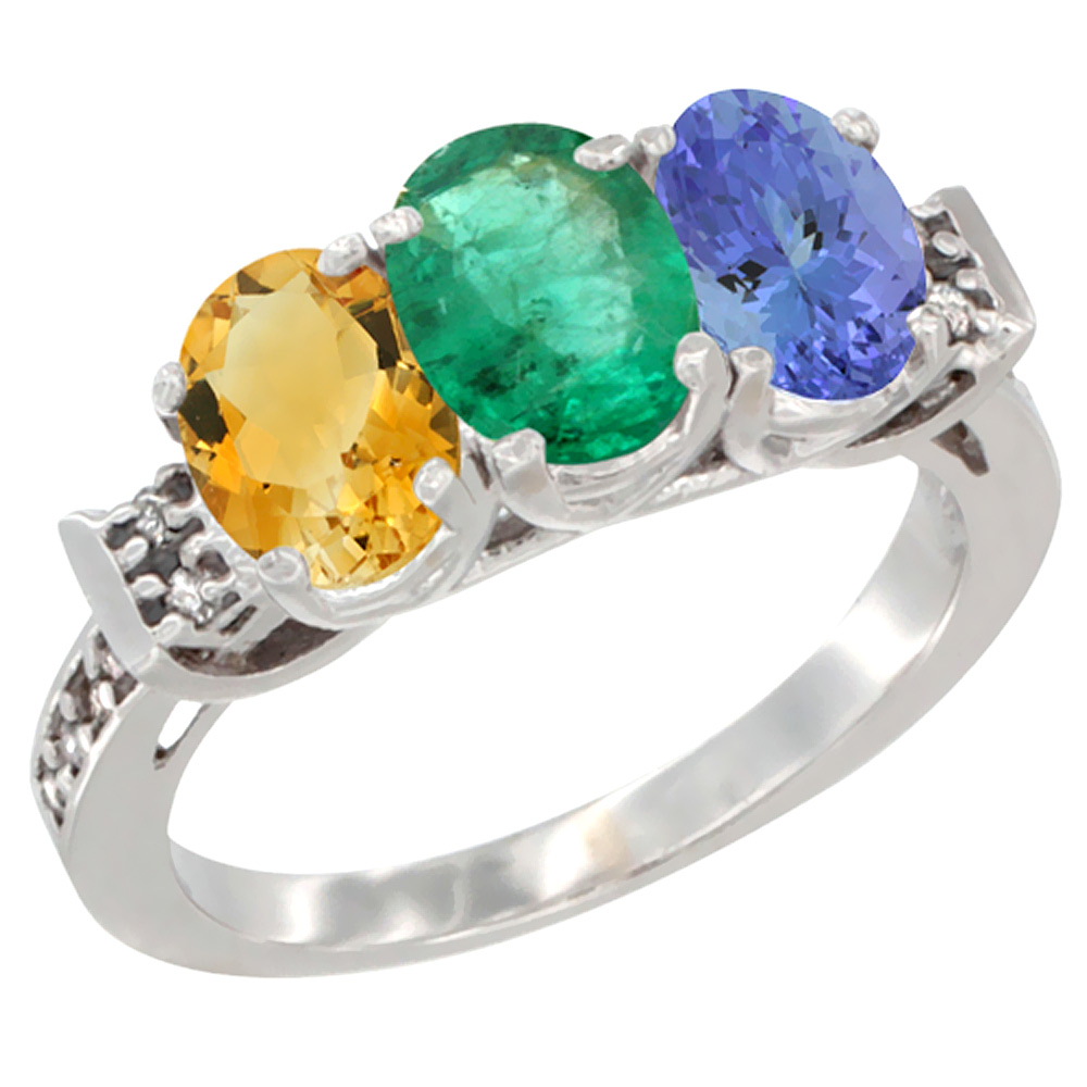 14K White Gold Natural Citrine, Emerald & Tanzanite Ring 3-Stone 7x5 mm Oval Diamond Accent, sizes 5 - 10