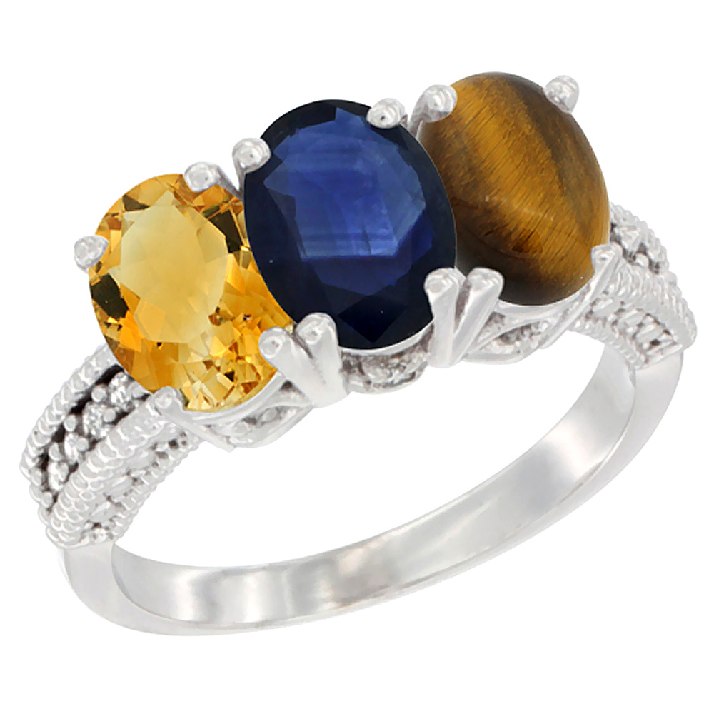 10K White Gold Natural Citrine, Blue Sapphire & Tiger Eye Ring 3-Stone Oval 7x5 mm Diamond Accent, sizes 5 - 10