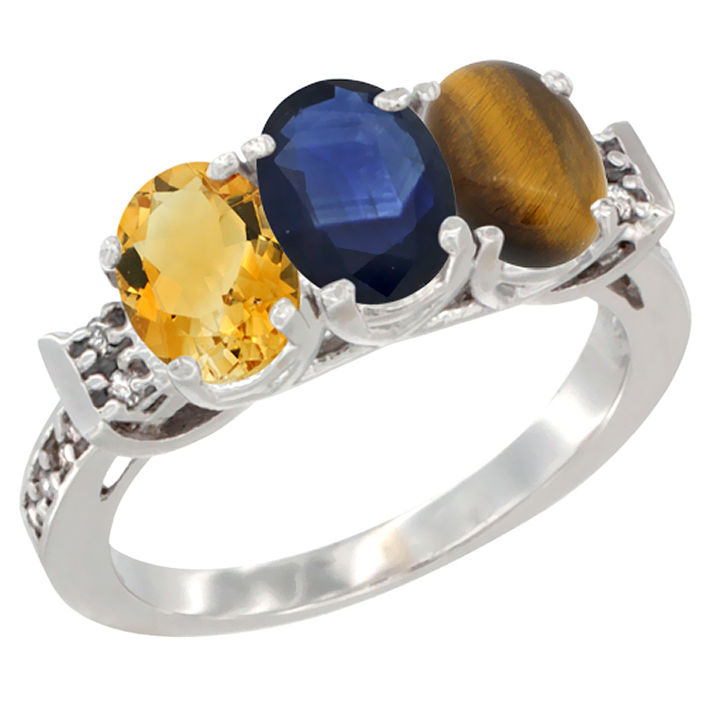 14K White Gold Natural Citrine, Blue Sapphire & Tiger Eye Ring 3-Stone 7x5 mm Oval Diamond Accent, sizes 5 - 10