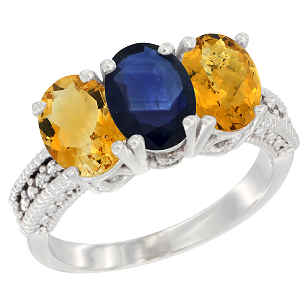 10K White Gold Natural Citrine, Blue Sapphire & Whisky Quartz Ring 3-Stone Oval 7x5 mm Diamond Accent, sizes 5 - 10