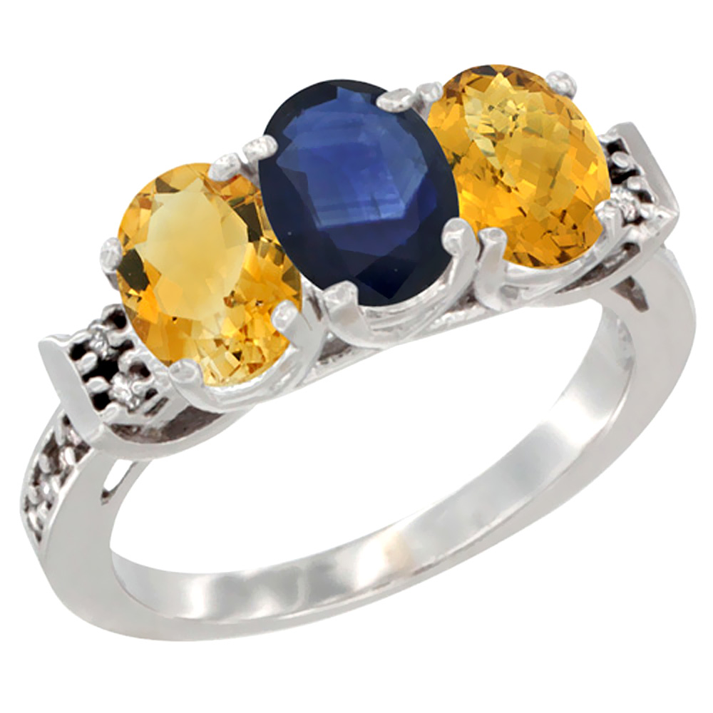 14K White Gold Natural Citrine, Blue Sapphire &amp; Whisky Quartz Ring 3-Stone 7x5 mm Oval Diamond Accent, sizes 5 - 10