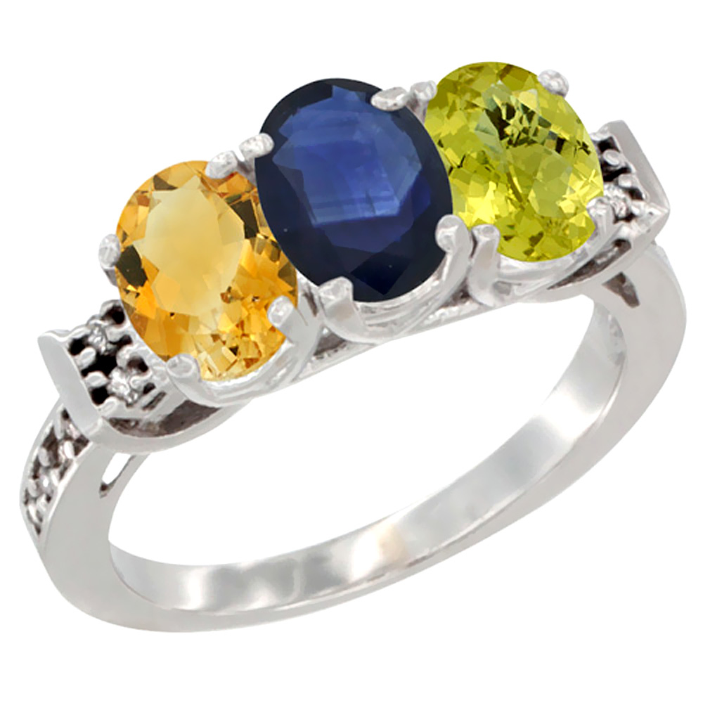 14K White Gold Natural Citrine, Blue Sapphire & Lemon Quartz Ring 3-Stone 7x5 mm Oval Diamond Accent, sizes 5 - 10